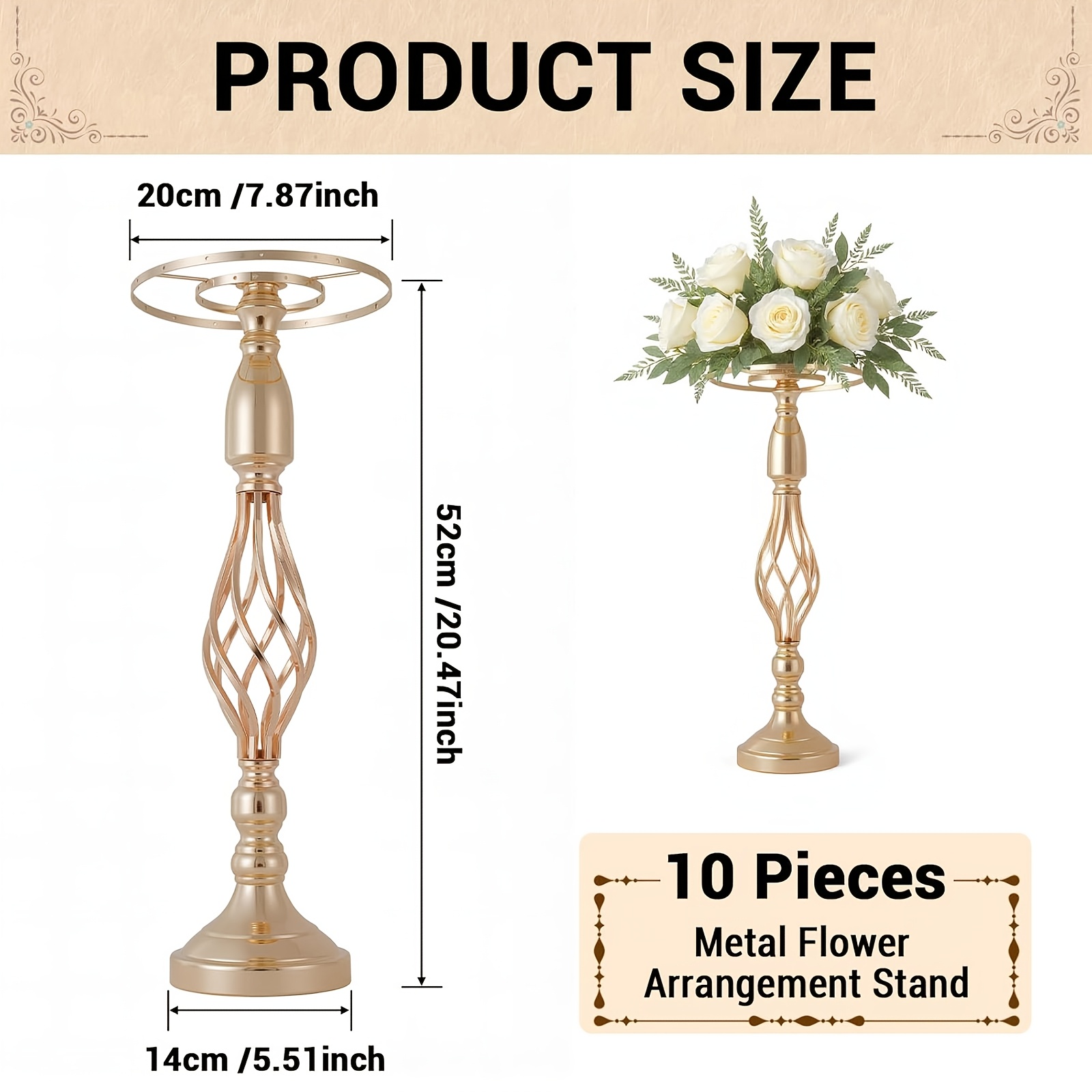 10pcs 52cm/20.47" Tall Crystal Wedding Flower Stand, Metal Wedding Centerpiece Vase, Holders Floral Display Rack For Tables Wedding Dinner Party, Ceremony Birthday Event Decor