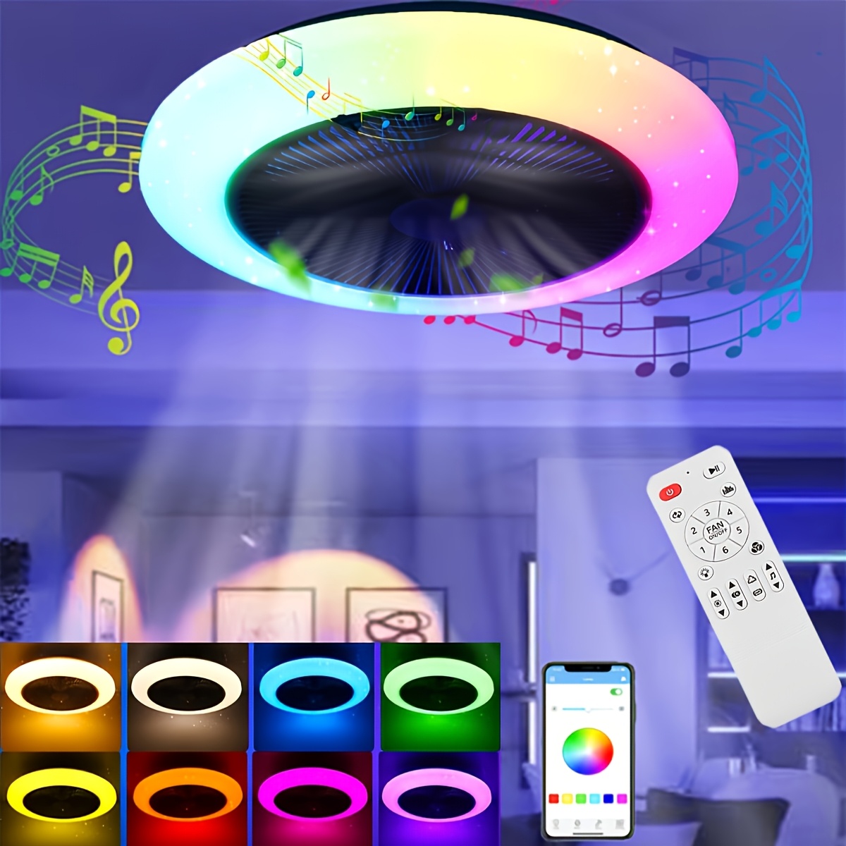 E-shop RGB Smart Deckenventilator mit Musik-Synchronisation | 6-stufiger Ventilator mit Sternenhimmel-Funktion | Leiser Betrieb | App/Beleuchtung |