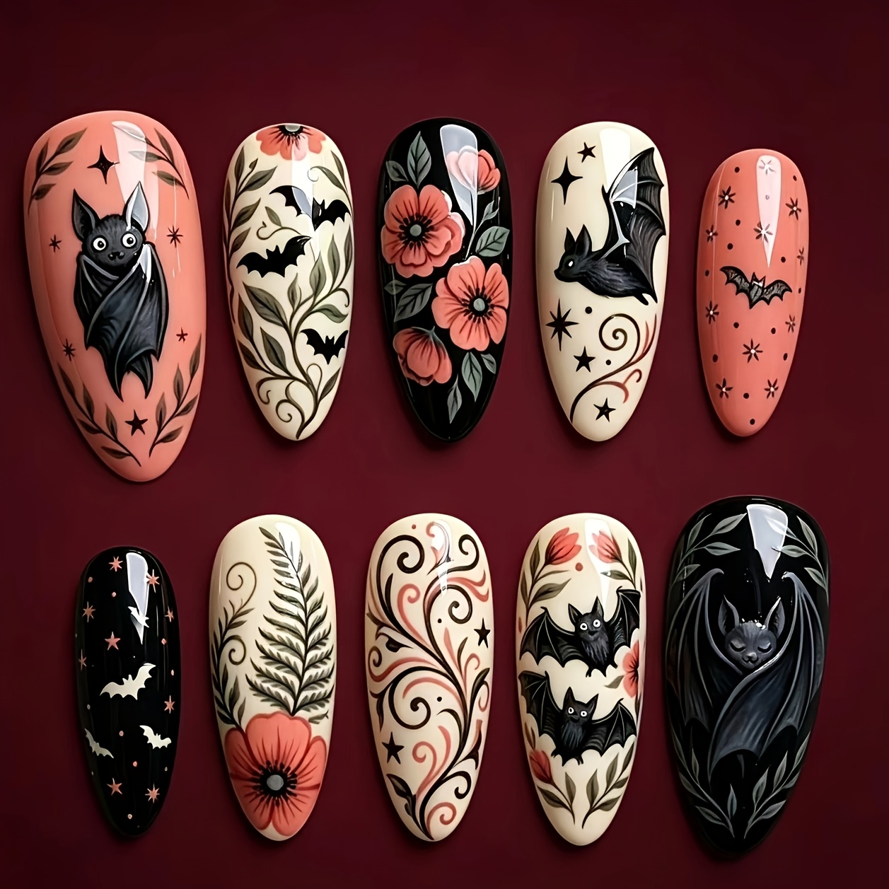 TEMU Ensemble de 10 faux ongles portables motif chauve-souris de dessin animé , grande fleur, base noire, base blanche laiteuse, branches de pêche,
