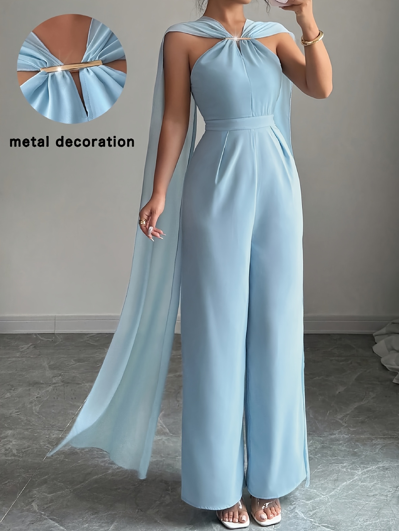 Women'S Spring And Summer Elegant Minimalist * Style * Solid Color  Sleeveless Halter Neck Cape * Jumpsuit