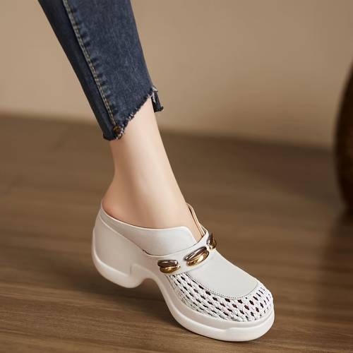 new summer white woven mesh platform mules breathable cutout wedge shoes slip on backless loafers for women women shoes