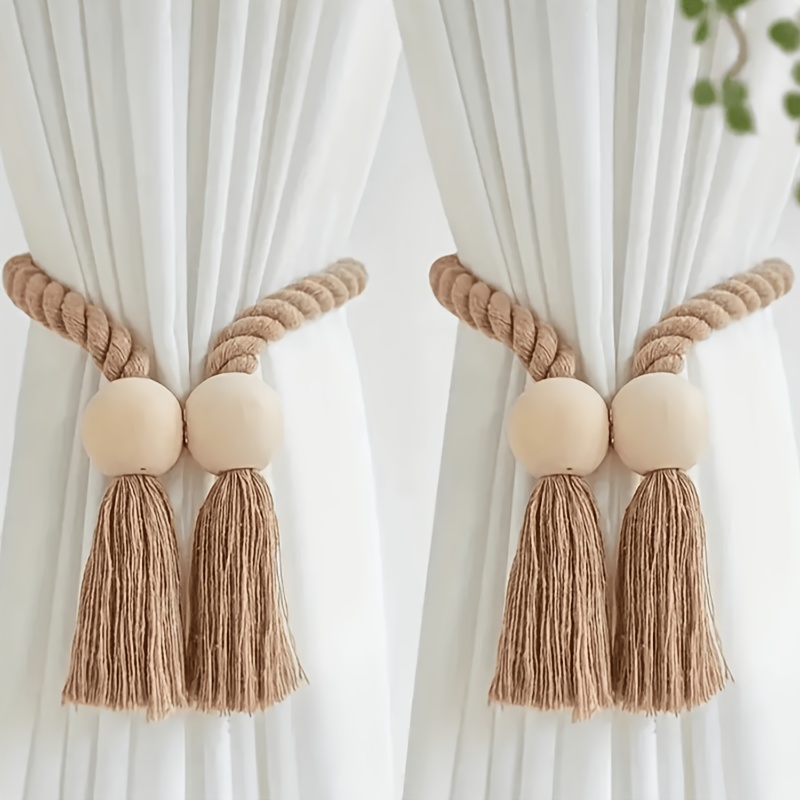 4pcs Ya Mei Magnetic Curtain Ties. Easy Wooden Tassel Curtain Hooks. Suitable for Curtain Fixation in Bedrooms, Living Rooms And Kitchens. Home Decor