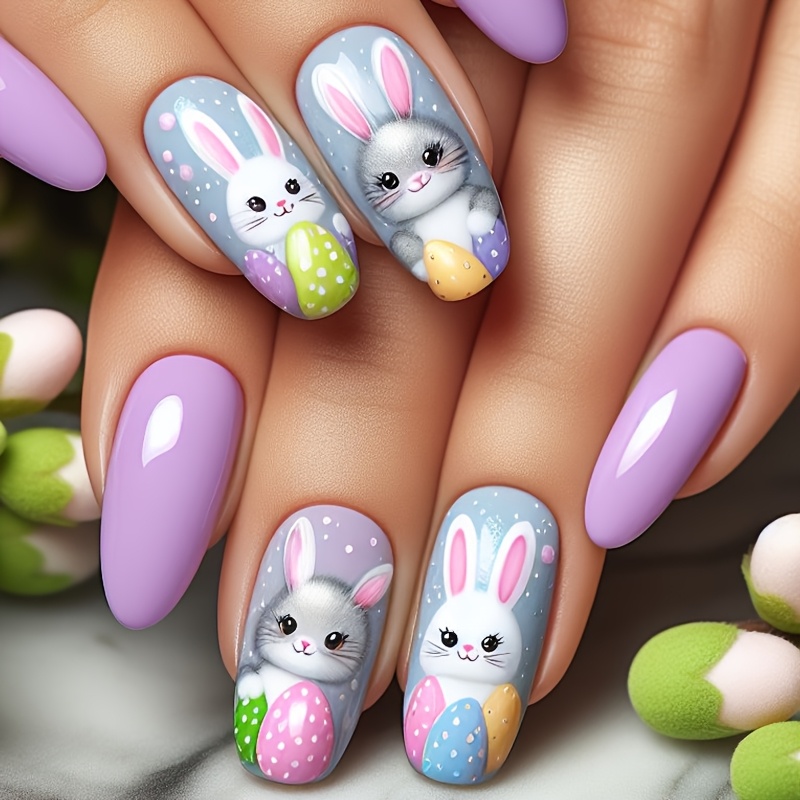 

24pcs Easter Bunny Press-on Nails Set, Mixed Color Oval Medium-length False Nails With , Animal & Holiday Patterns, Removable & Reusable Fake Nail Kit For Women And Girls