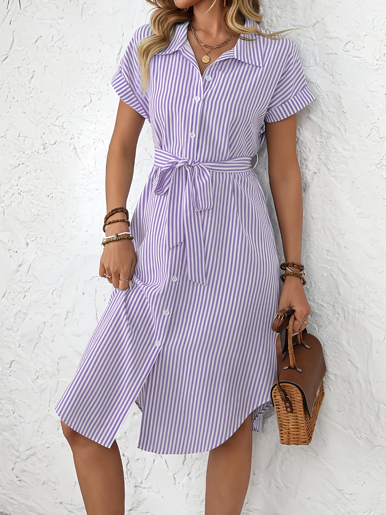 Summer Short Sleeve Striped Shirt Dress Casual Button Belted Asymmetrical  Hem Dresses for Women Daily * Vacation