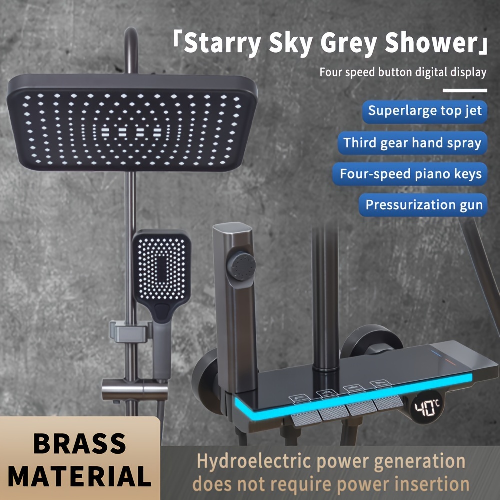 1set luxury brass shower system with led digital display 4 mode smart shower head set bathroom rain shower with handheld shower head bathroom hardware bathroom accessories enjoy a luxurious bathing experience details 0