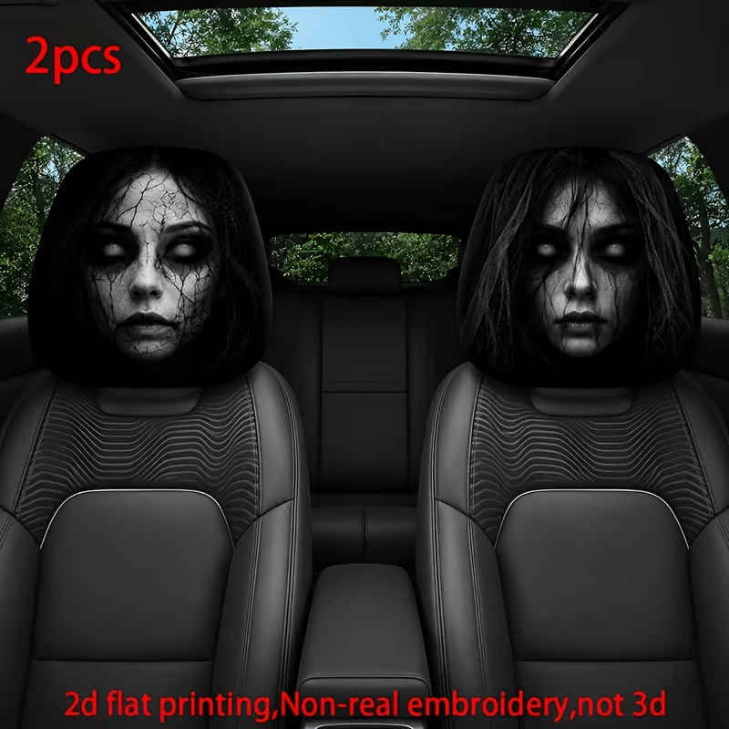 Image of Halloween Horror 2pcs's Humorous -printed Car Headrest Cover, Washable And , Suitable For , Perfect For Long Trips And , An Ideal Gift.