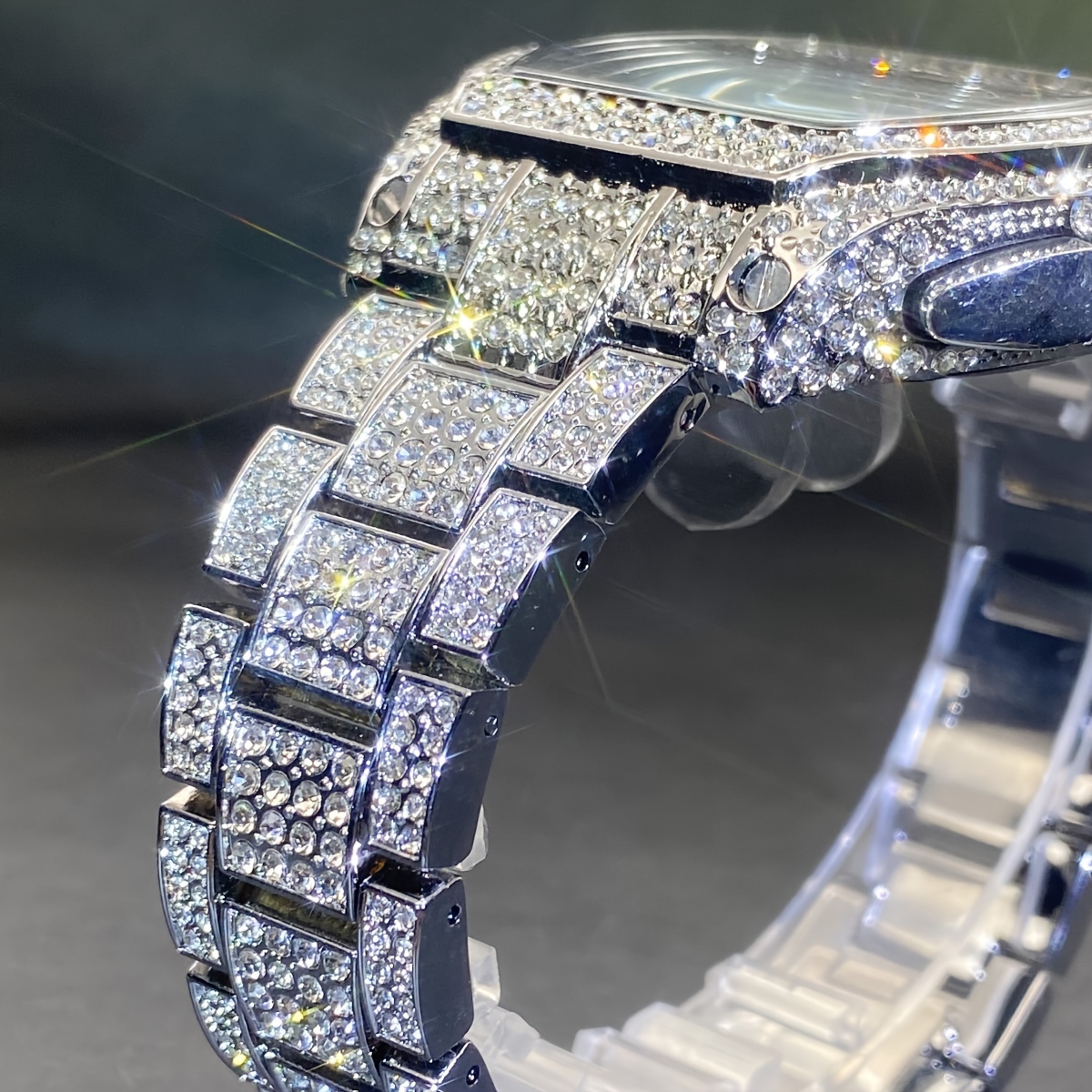 Reloj de cuarzo para hombre MISSFOX con diamantes de imitación, cronómetro estilo fiesta con caja y correa de aleación de zinc no impermeable, esfera electrónica en forma de barril, reloj deportivo de hip hop con pantalla de puntero