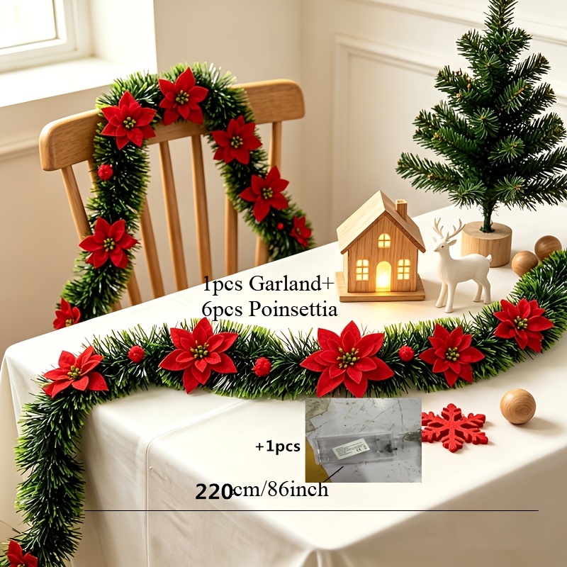 TEMU 8pcs/set Red Poinsettia Christmas Garland, Shining 30 Led Christmas Dark Tip Tinsel Garland Poinsettia With White Fringe , Indoor Outdoor Xmas