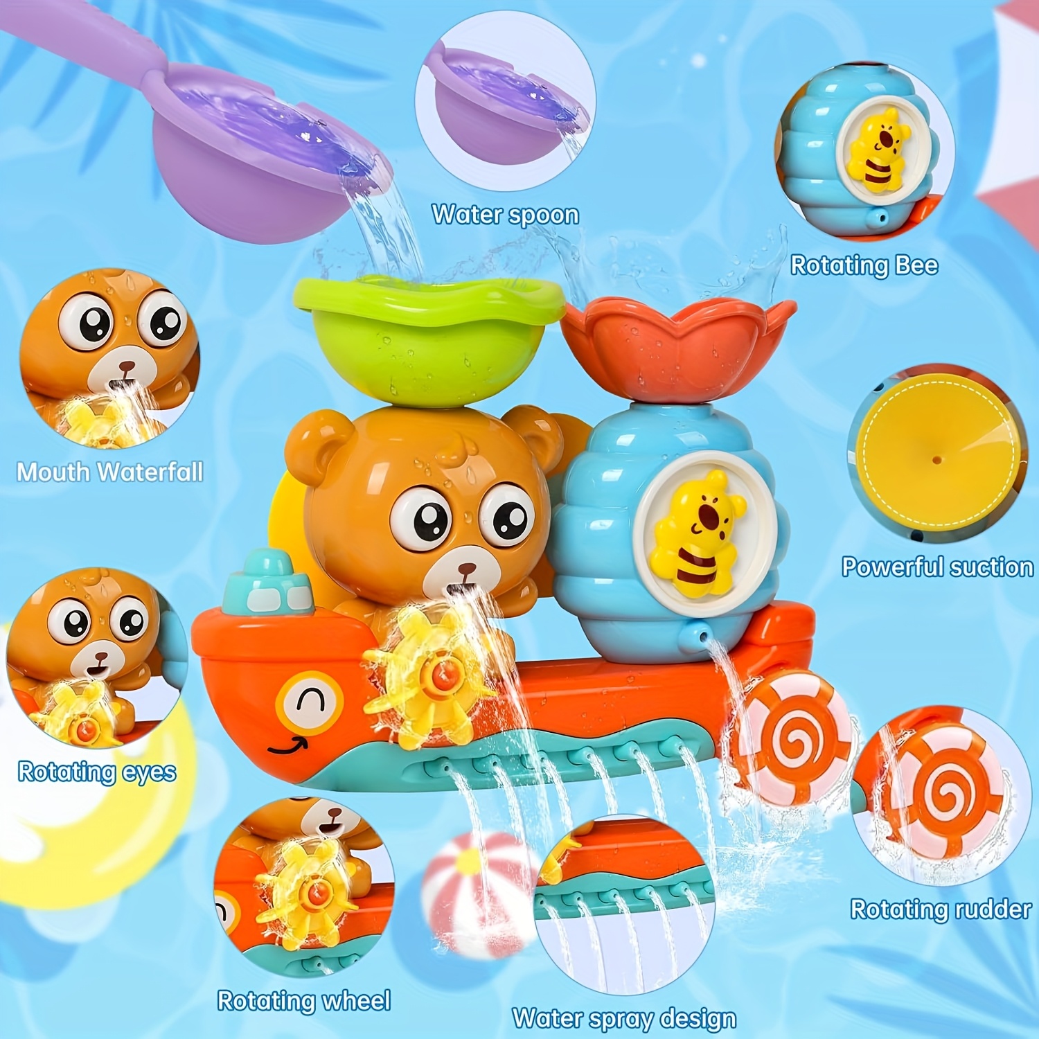 Baby Bath Toy with Two Strong Suction Cups, Kids Bathtub Water Play Bear Boat Toy for Boys and Girls, Ideal Gift for Infants and Toddlers Learning to Shower
