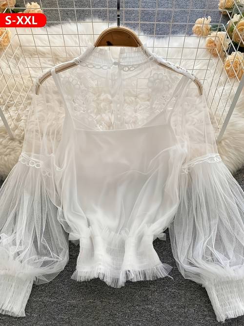 elegant womens polyester blend top with contrast lace detail crew neck solid color knit fabric regular length spring summer fashion