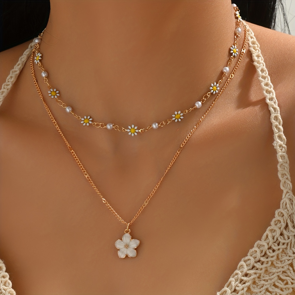 Image of 2pcs Boho Layered Daisy & Artificial Necklace With Flower Pendant Floral Jewelry Thoughtful Gift For Women Great For Floral Lovers & Summer