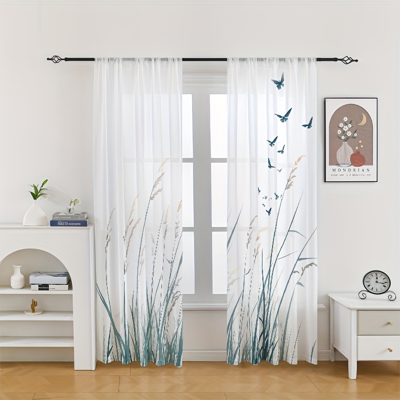 TEMU 2 Pezzi di in Chiffon Trasparenti - Stampa con Uccelli e Luna Riutilizzabile, 100% Poliestere con per per Soggiorno e Camera da Letto, Ispirato