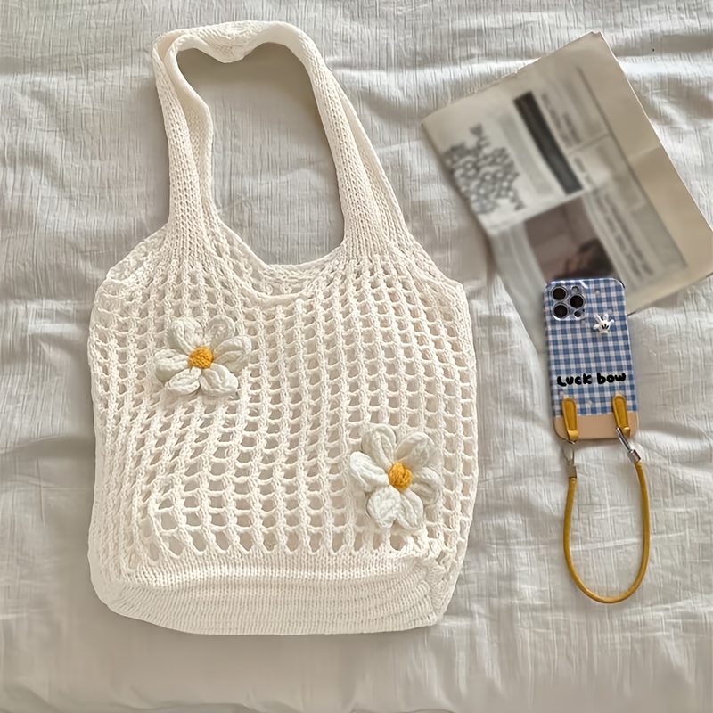 TEMU Bolso Tote Tejido con Malla Trenzada, Diseño Floral , Gran Capacidad, Elegante y Versátil Bolso de para el Verano