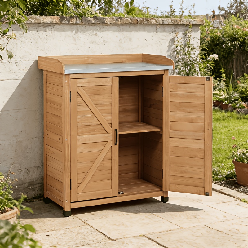 Image of Outdoor Storage Cabinet & Potting Bench Table With Metal Top, Wooden Patio Furniture, Garden Workstation(log Color 2.8*1.5ft) Temporary Removable