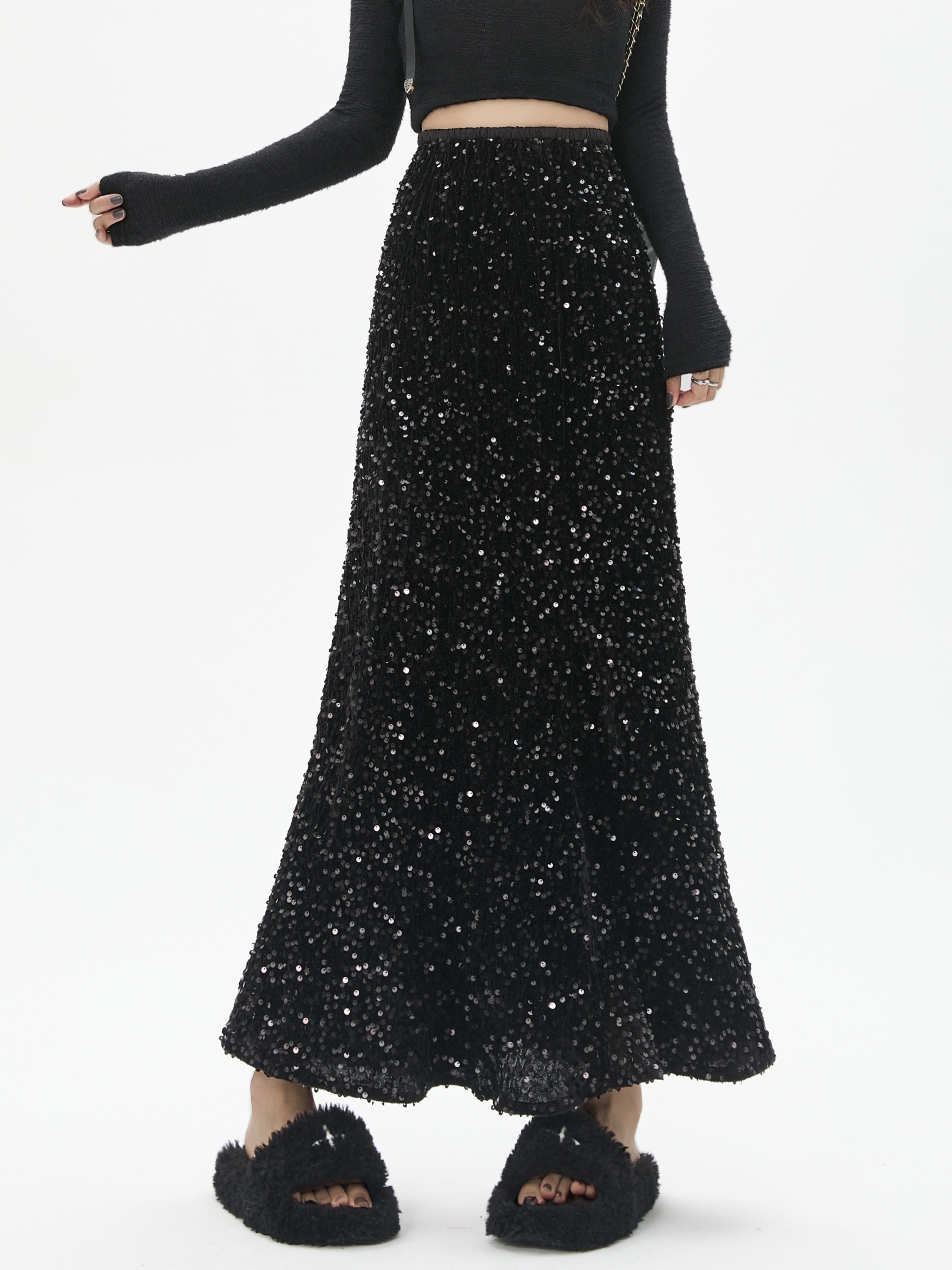 elegant high waist sequin maxi skirt for women   bodycon design with liner elastic waistband machine washable     events black 3