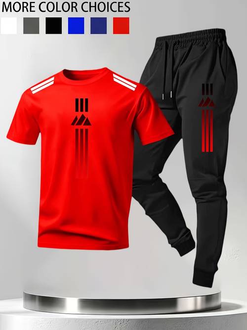 mens red striped print breathable set quick drying short sleeves trousers two piece and non sweaty casual sports set breathable sweat wicking commuting casual non iron easy to care for daily wear