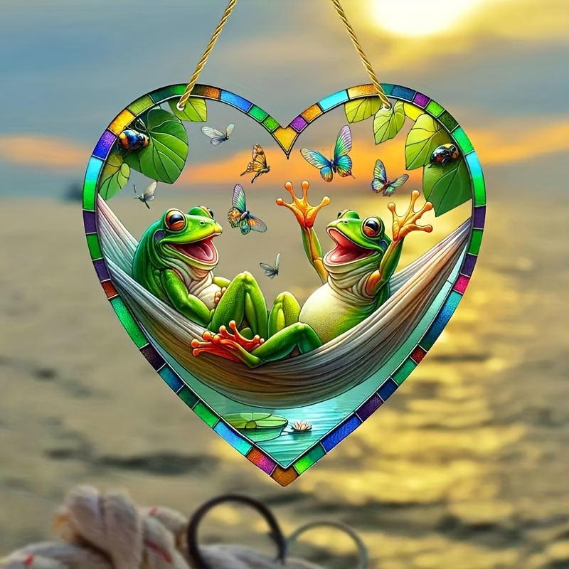 

Frog & Butterfly Suncatcher - 8" Heart-shaped Acrylic Window Hanging For Home, Garden, Patio Decor - Perfect Gift For