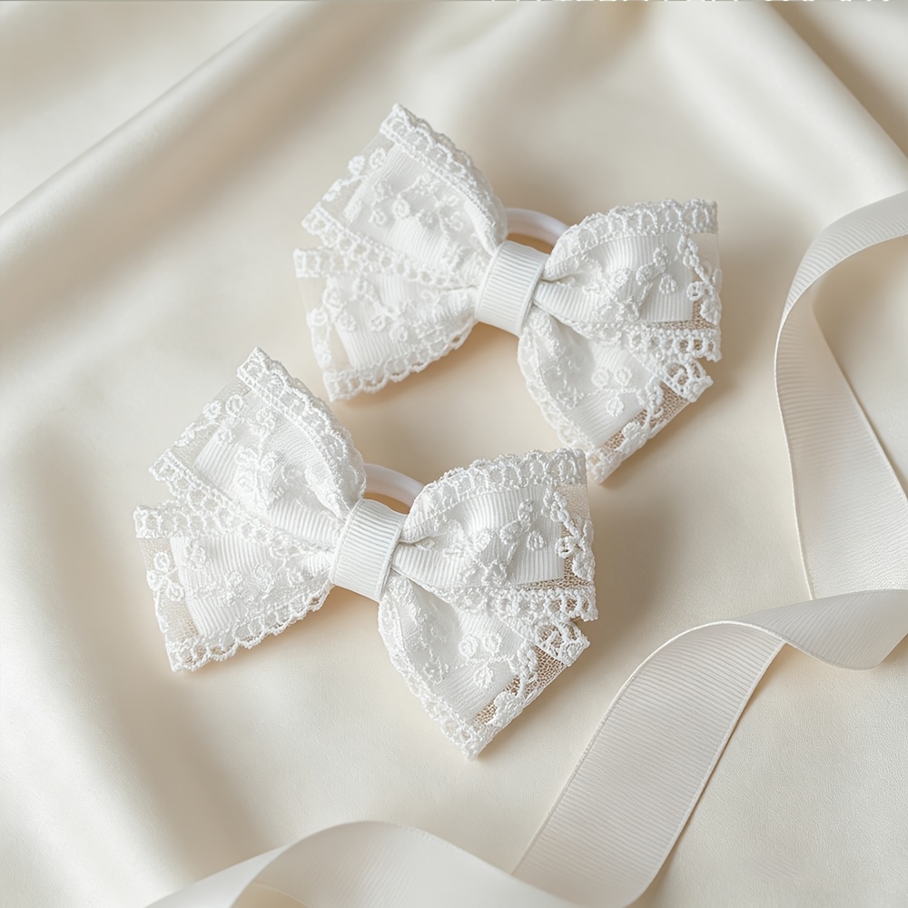 TEMU 2pcs/set White Embroidered Lace Bow Hair Ties, Ribbed High-elasticity Hair Bands, Girly Gentle Vibe Hair Accessories