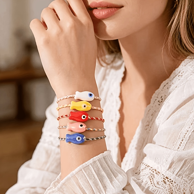 5pcs Cute Ceramic Little Fish Bracelet Set, Bohemian Style