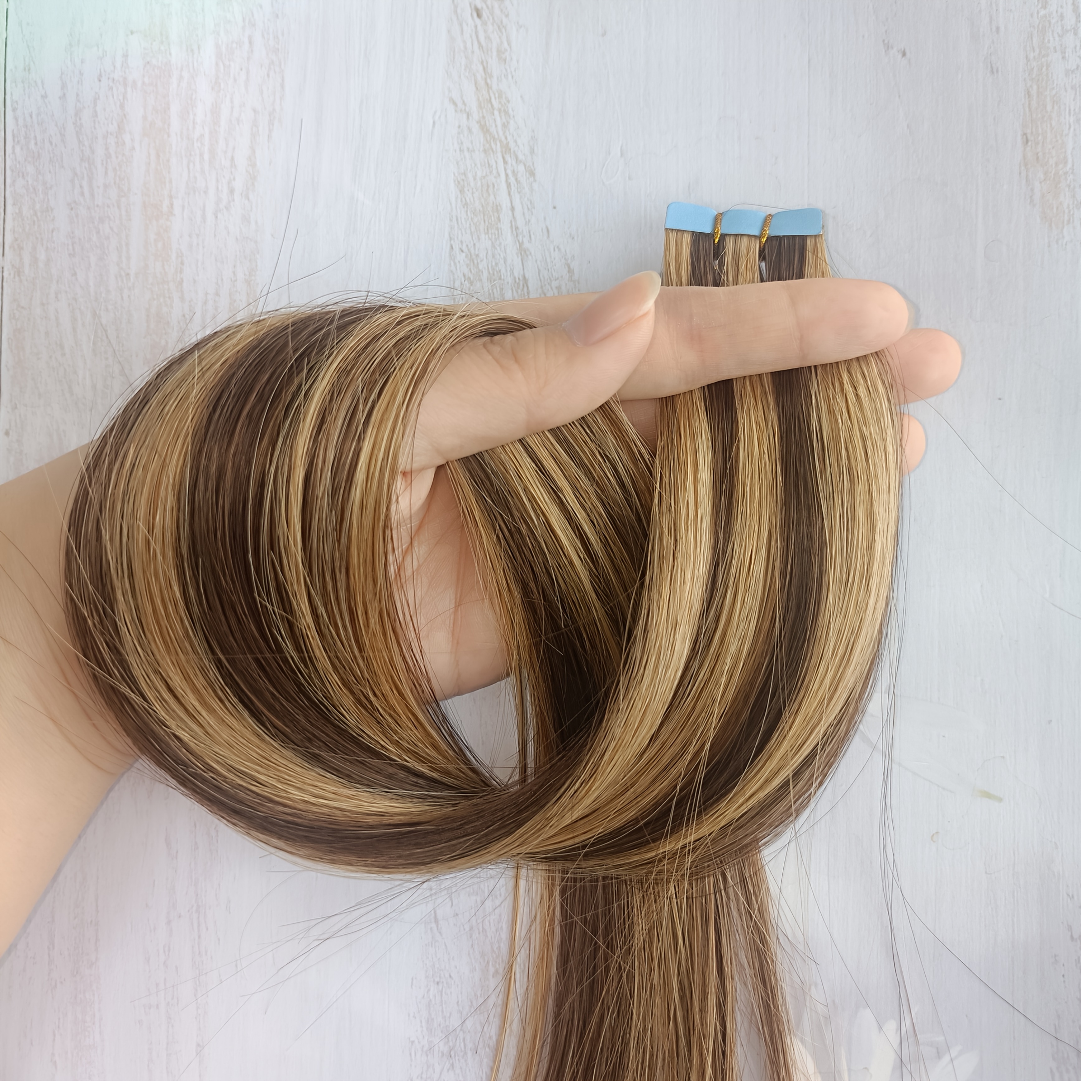 10pcs mini tape in hair extensions human hair balayage blonde highlights straight   human hair extensions for women easy to apply   look for all light beige tones versatile styling options easytoapply tapes details 1
