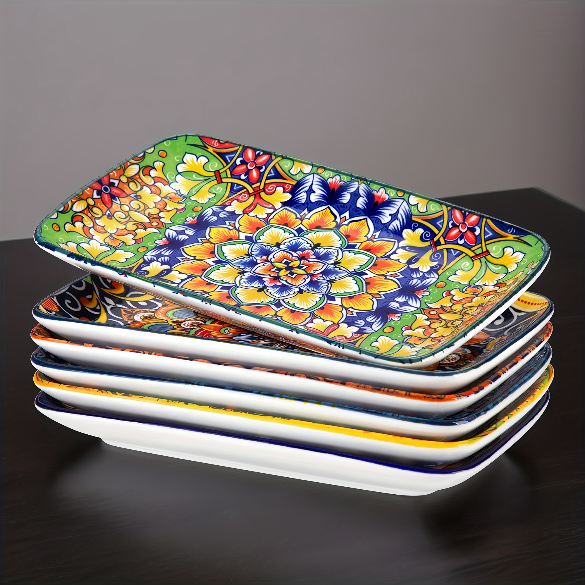 TEMU 6pcs 9.5 Inch Bohemian Rectangular Ceramic Sushi Plates Set For Dessert Plates, Appetizer, Cake