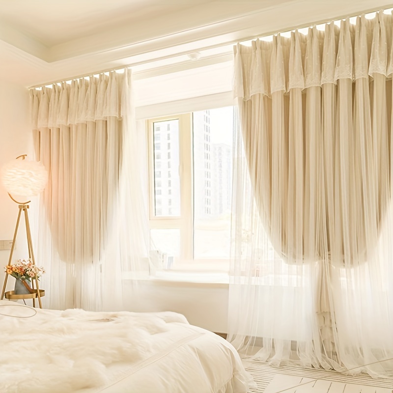 2024 New Easy Light Luxury French Cream Bedroom Room Ins Wind French Window Window Shade Decorative Yarn Curtain Fabric Double Finished Curtains 2pcs