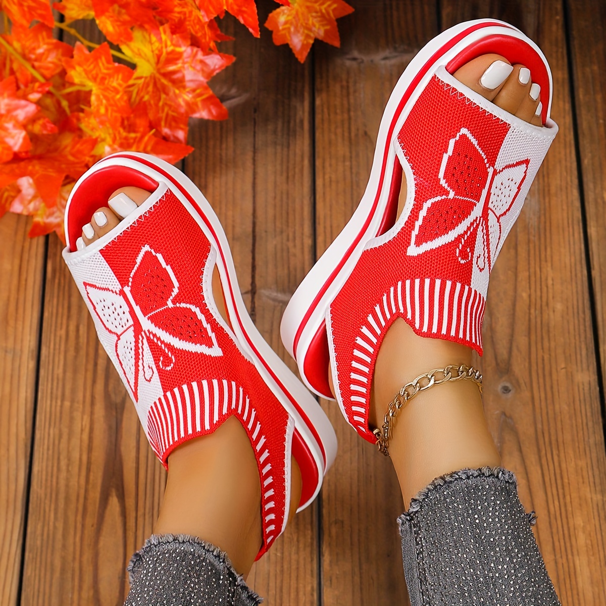 Women's Contrast Color Casual Sandals, Platform Slip On Knitted Walking Shoes, Butterfly Wedge Vacation Shoes