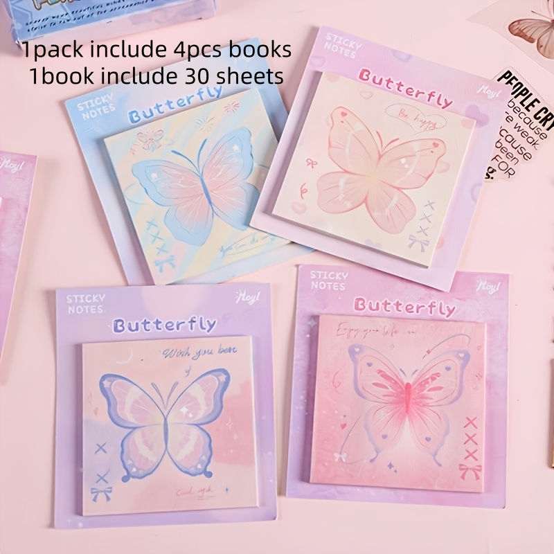 TEMU 4 Pochettes Adhésives Papillon Série Couleurs Ombre (30 Feuilles/Chiffon) Notes d'Étude Étiquettes Autocollantes Mémos de Bureau Message