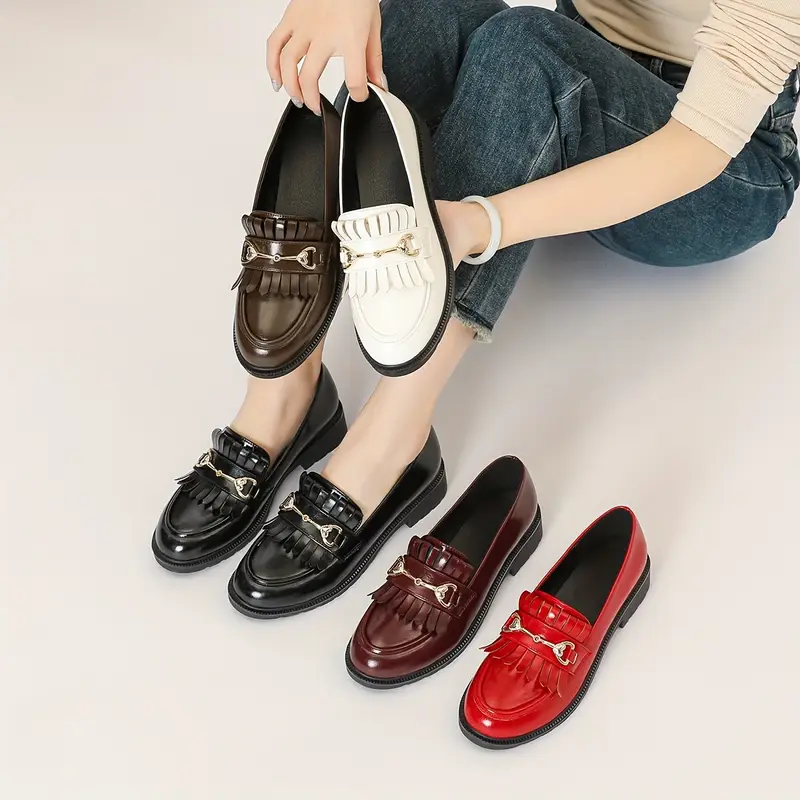 womens fashionable loafers with tassel metal low heel round toe lightweight penny loafers in black white and brown shoes fashionable loafers metal detail lightweight loafers 2