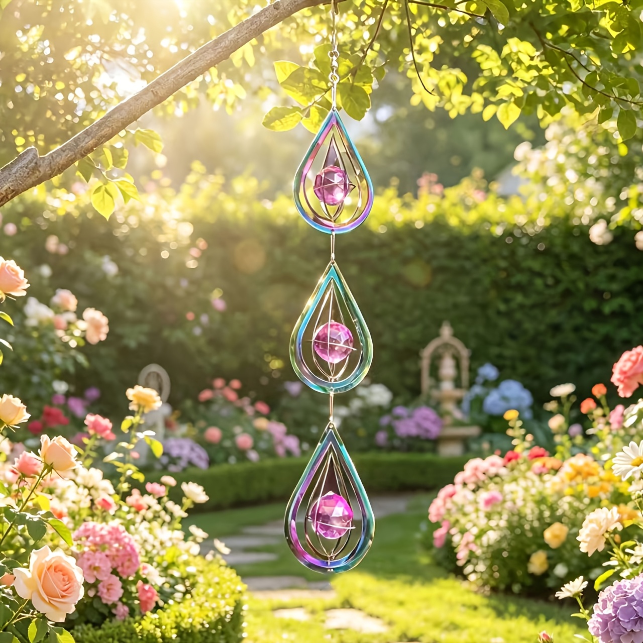TEMU Ensemble de 1 à Vent 3D de en Cristal et Acier Inoxydable Coloré - Décoration de Jardin Géométrique à Réfléchissant, Ornement Suspendu