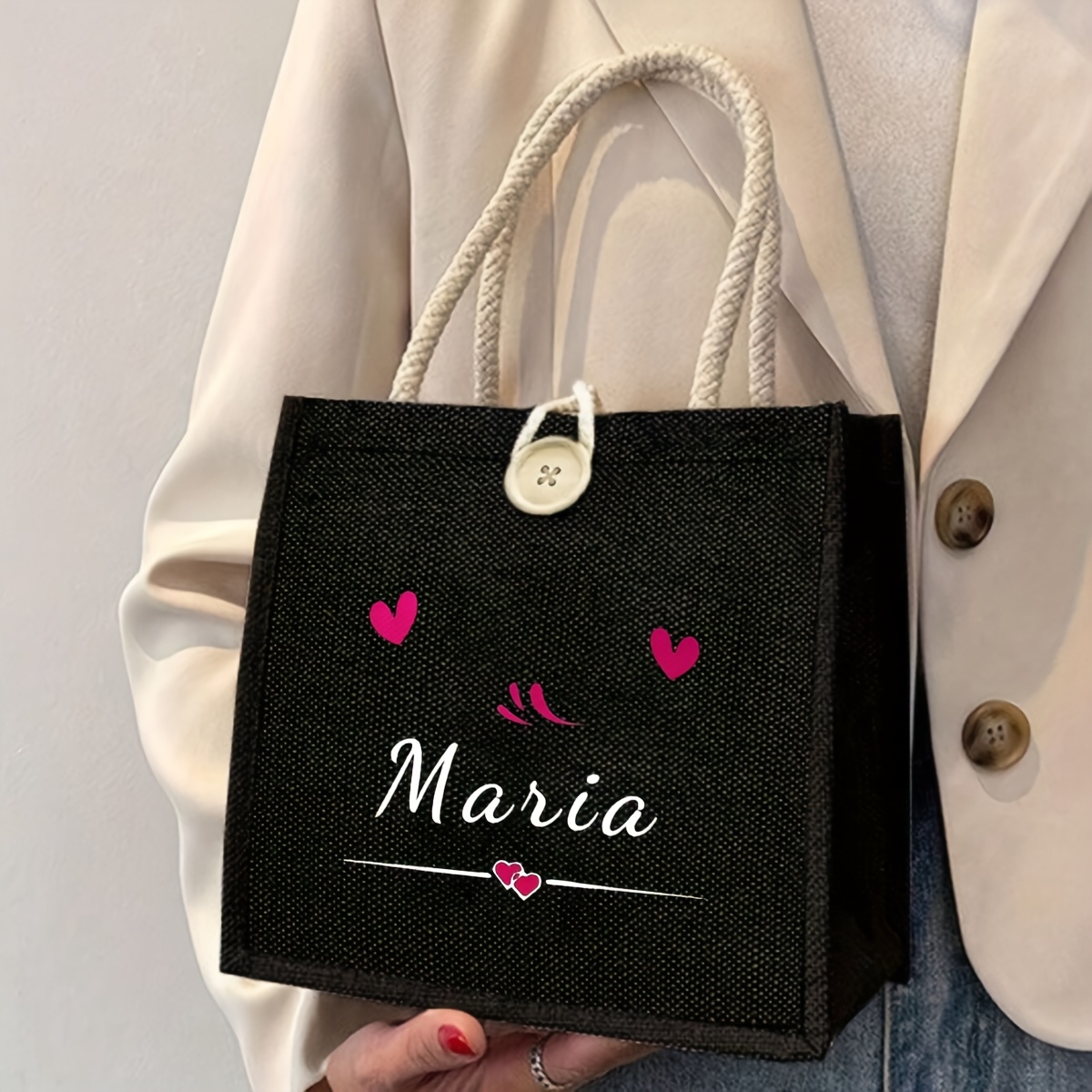 E-shop Personalisierte Blumen-Tragetasche, Herzchen-Print, Namens-Tragetasche mit individuellem Namen, tragbare Mehrzweck-Einkaufstasche,