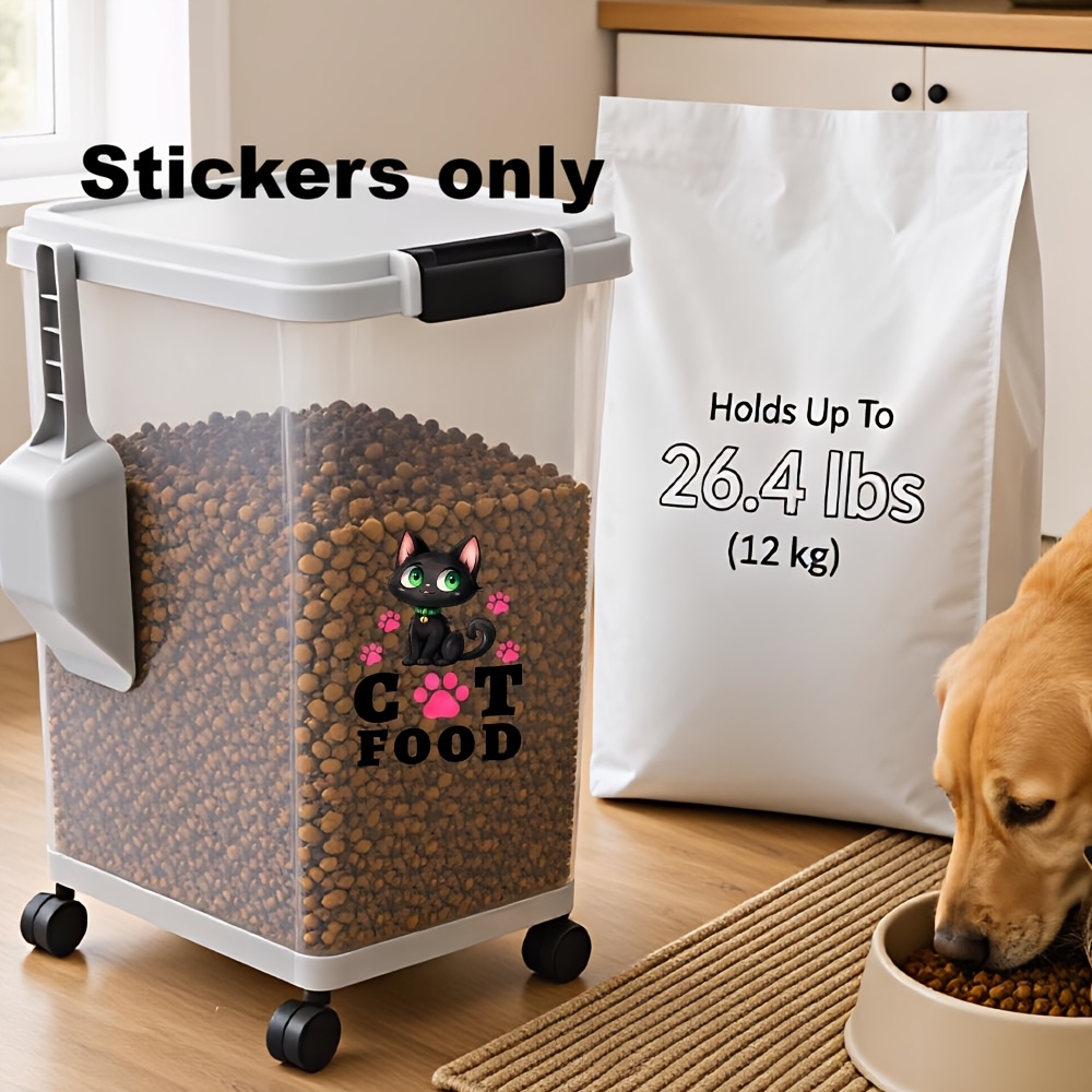 TEMU 2d Flat, 2d Stickers For Cat Food Containers, Car Stickers And Decals, , Cute Black Cat With And Cat Food Text, Pet Food Storage Decor For