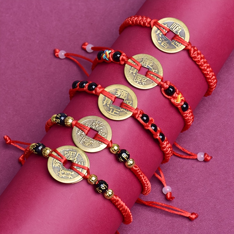 

Adjustable Red Woven Bracelet With 5 Pendant, Traditional Chinese , Symbolizing And Good Luck, Suitable For Men And Women - All