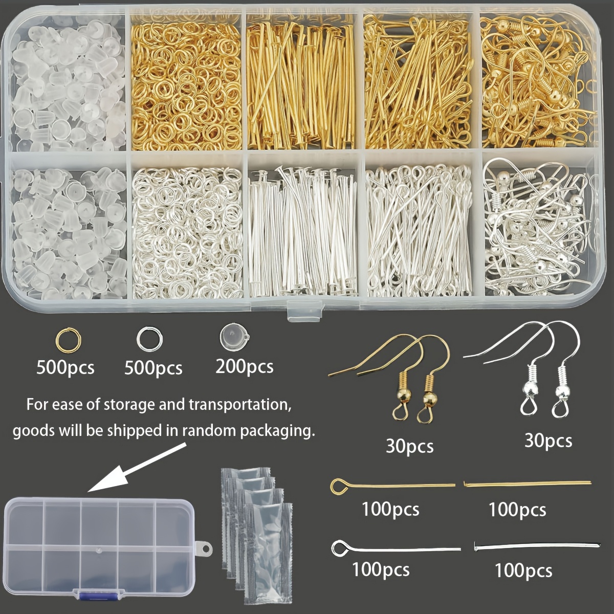 E-shop 1660 Stück/Box DIY Ohrring-Zubehörset, inklusive 1000 Sprungringe, 60 Ohrhaken, 200 Ösenstifte, 200 Flachstifte 200 Ohrringverschlüsse. Geeignet