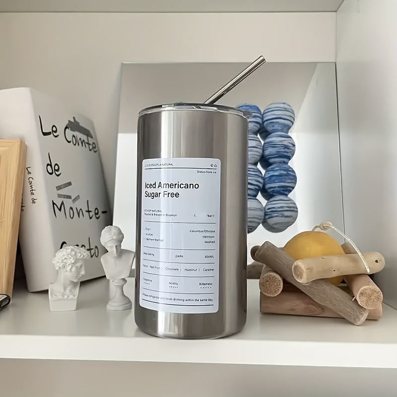 Image of 1pc, Stainless Steel Tumbler With Lid And Straw, 601ml/ 20oz Insulated Stainless Steel Water Bottle, 20 Oz Thermal Water Coffee Tea Cups, Drinkware, Gift, Double Wall Vacuum Reusable Water Bottle