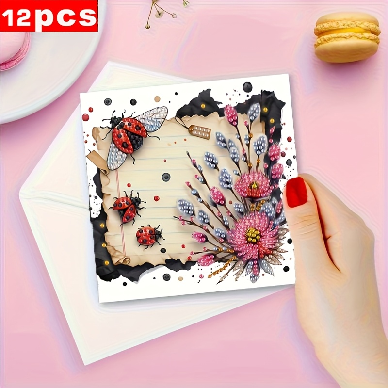 Image of 12 Sheets, (6 Envelopes And 6 Cards) Diamond Painting Set, And Dragonfly Insect Series Theme Greeting Card Combination, Crystal Sticker Mosaic Art Postcards - Thanksgiving, Birthday, New Year