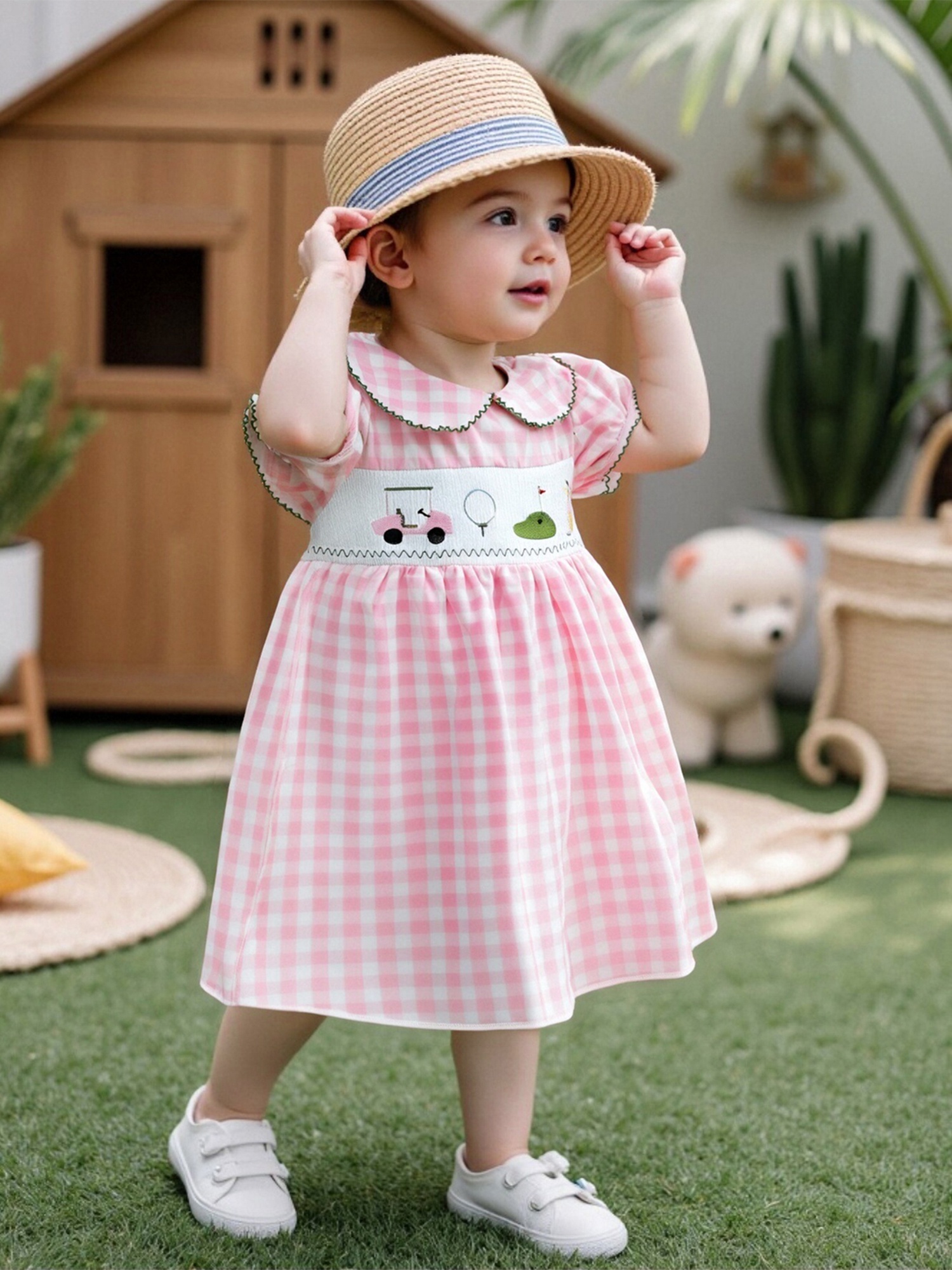 Toddler Baby Girl Golf Dress with Rickrack Trim & Puff Sleeves - Smocked  Seersucker A-Line Sundress, Golf Cart Embroidery & Doll Collar, Pink & White