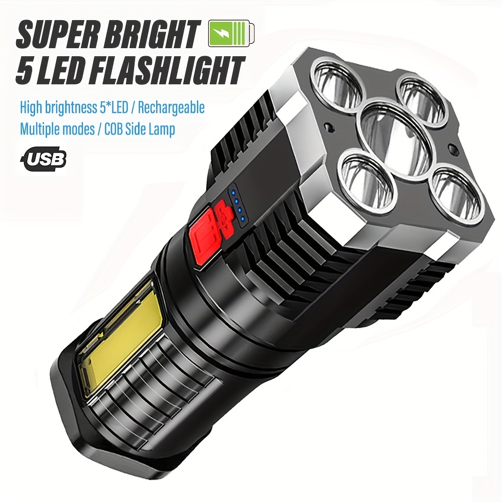 

Rechargeable 5 Led Handheld Flashlight With Cob Side Light, 4 Lighting Modes, High Beam, 150-350 Lumen, Abs, Micro Usb Charging, Non-waterproof, 0-200m Range, For Camping, Hiking, Outdoor Activities