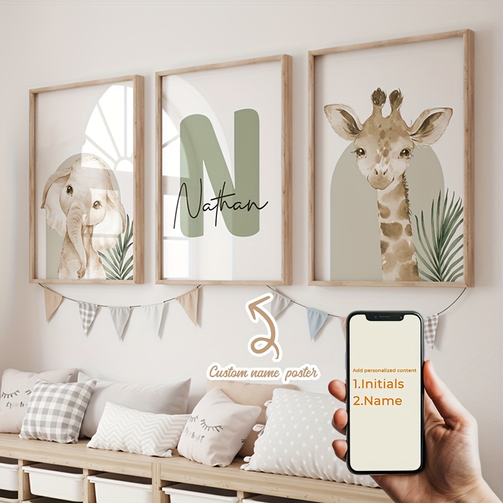 TEMU 2d Flat, Personalized 2d Flat 3pcs Set Unframed - Custom Name, Cartoon Animals Giraffe Elephant Poster And Print, Artwork Wall Canvas Painting