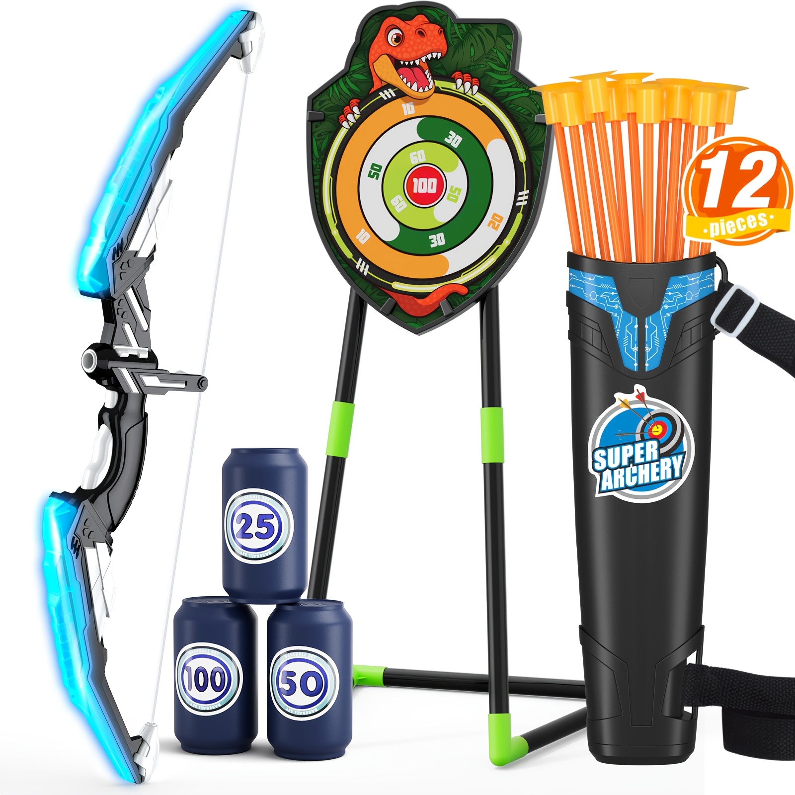 Image of Hyes Bow And Arrow Led Light Up With 12 Suction Cup Arrows, 1 Milestones, 3 Score Goals& 1 , Indoor Outdoor Sport Gifts For Boys Girls, Christmas Halloween Thanksgiving Gifts.