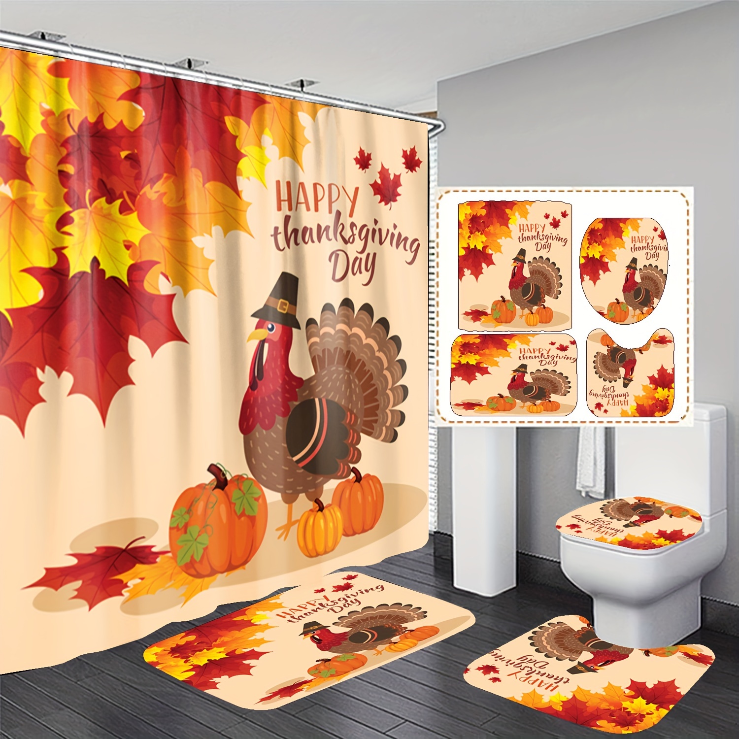 

4pcs & Bathroom Set - Shower Curtain 12 , Bath Mat, U-shaped Rug, And Lid - Polyester, For