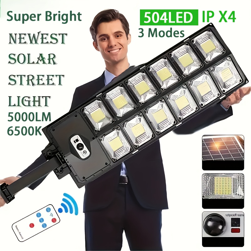 

1pc Outdoor Dusk To Dawn Solar Street Light Road Area Lamp, 6500 K 5000lm 504 Led Solar Street Light, Solar Outdoor Lights(wide-angle Motion Sensor And Remote Control) For Commercial Area Lighting