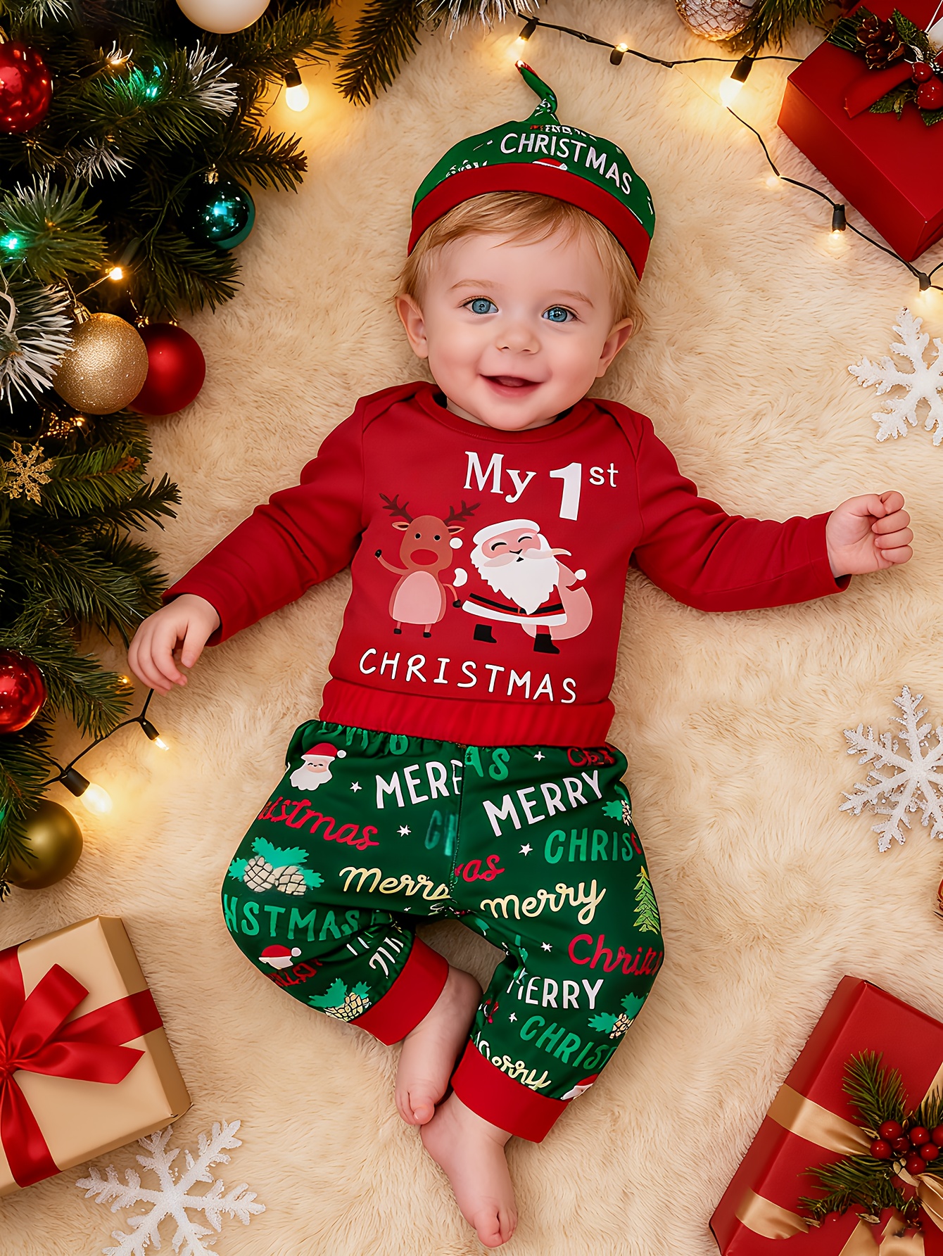 Herfst- en winterbabyjongen Kerstmis hot items, mijn eerste Kerstmis brief Santa Claus bedrukte katoenen jas + volledig bedrukte Santa Claus broek + muts driedelige set [gerichte ontwikkeling], Perfect voor buiten