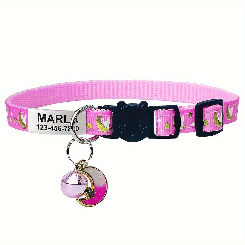 TEMU Custom Engraved -the-dark Cat Collar With Safety Buckle And Bell, Personalized Id Tag With , Phone Number, And Address, Breathable Adjustable Pp