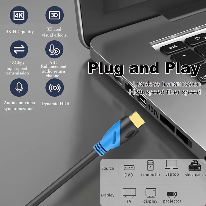 ултра брз 4k/8k hdtv кабел 1м-20м - 18 , позлатени конектори, етернет-компатибилен, поддржува 4k@ , 2k, 1080p, 3d arc - идеален за uhd телевизори, монитори, лаптопи,  , ps4/ps5 - издржлив пвц, достапни повеќе големини Детали за производот 4