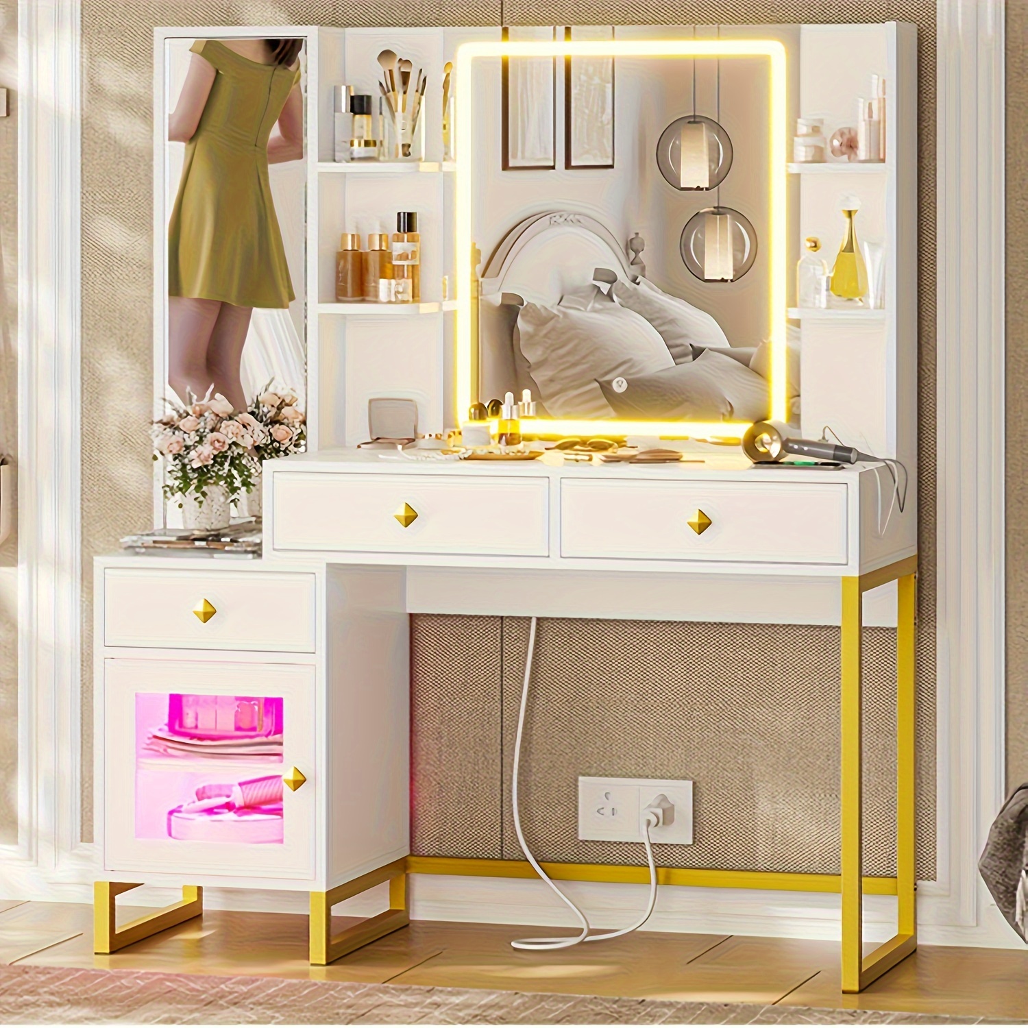 

White Vanity Desk With Lights&charging Station, Makeup Vanity Table With With Lighted Mirror&jewelry Storage&full Length Mirror&drawers, Dressering Table With Rgb Cabinet For Bedroom