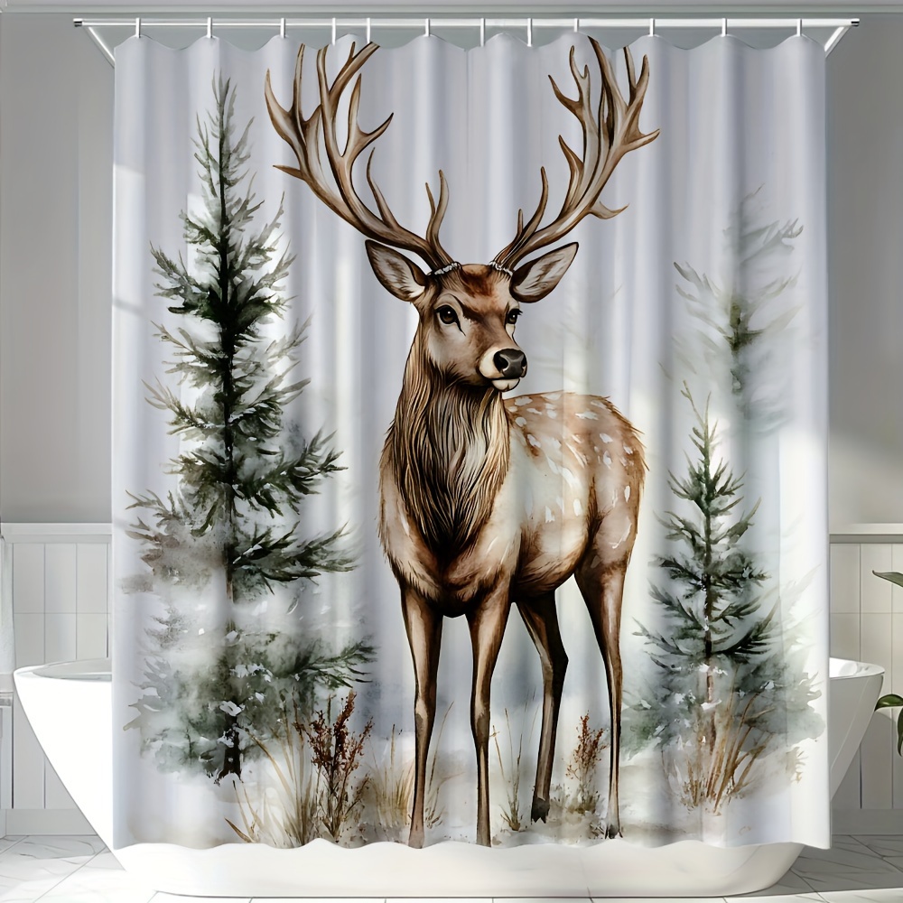 

Home Water-resistant Polyester Shower Curtain Set With Hooks - Forest Animal Deer Theme, Autumn Elk Design, Machine Washable, Ripple Fold Top For All Seasons, Christmas Holiday Decor