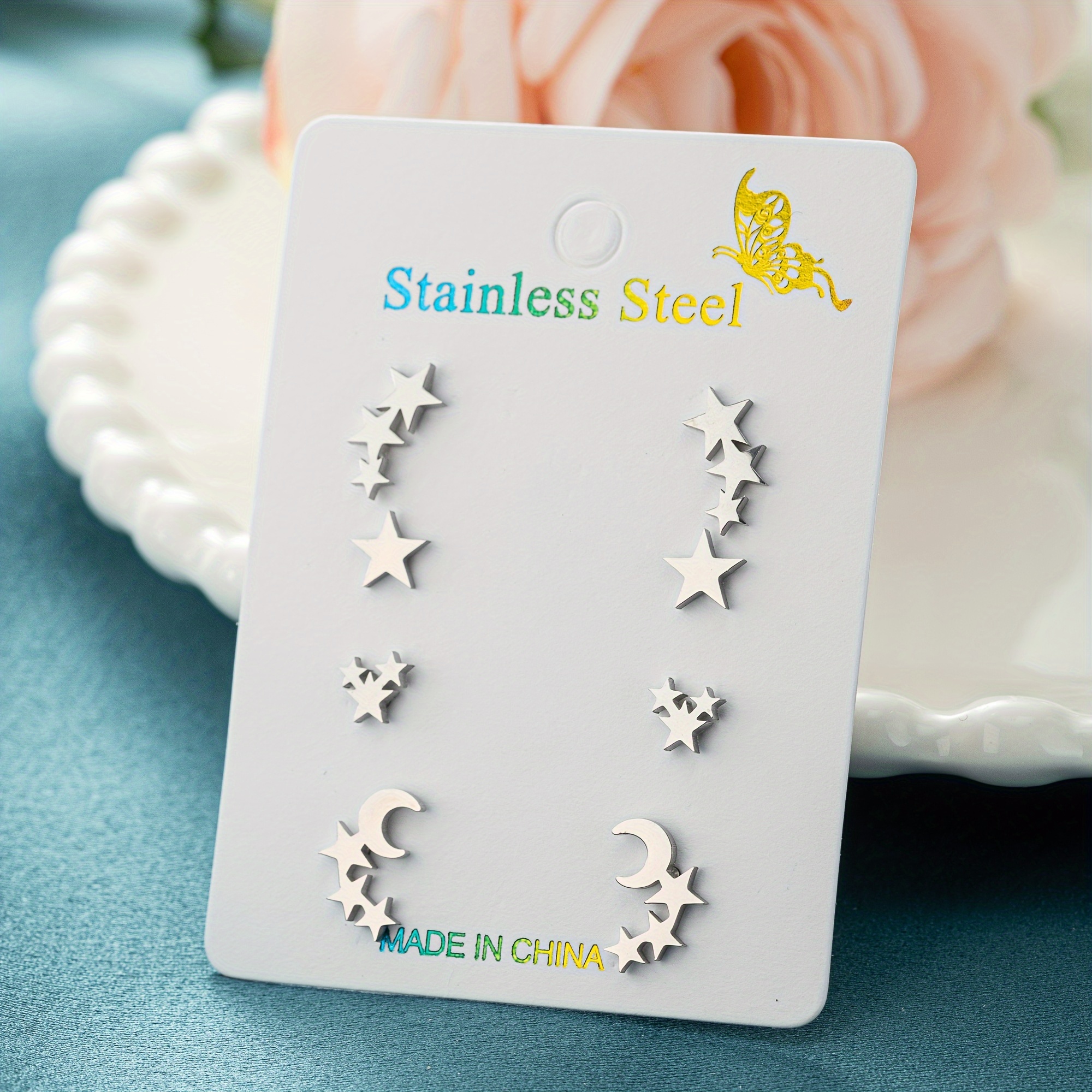 Image of 1 Card/set Of Stainless Steel Star Earrings Miniature Earrings For Women Daily Teen Party Party Banquets Birthday Gift Jewelry
