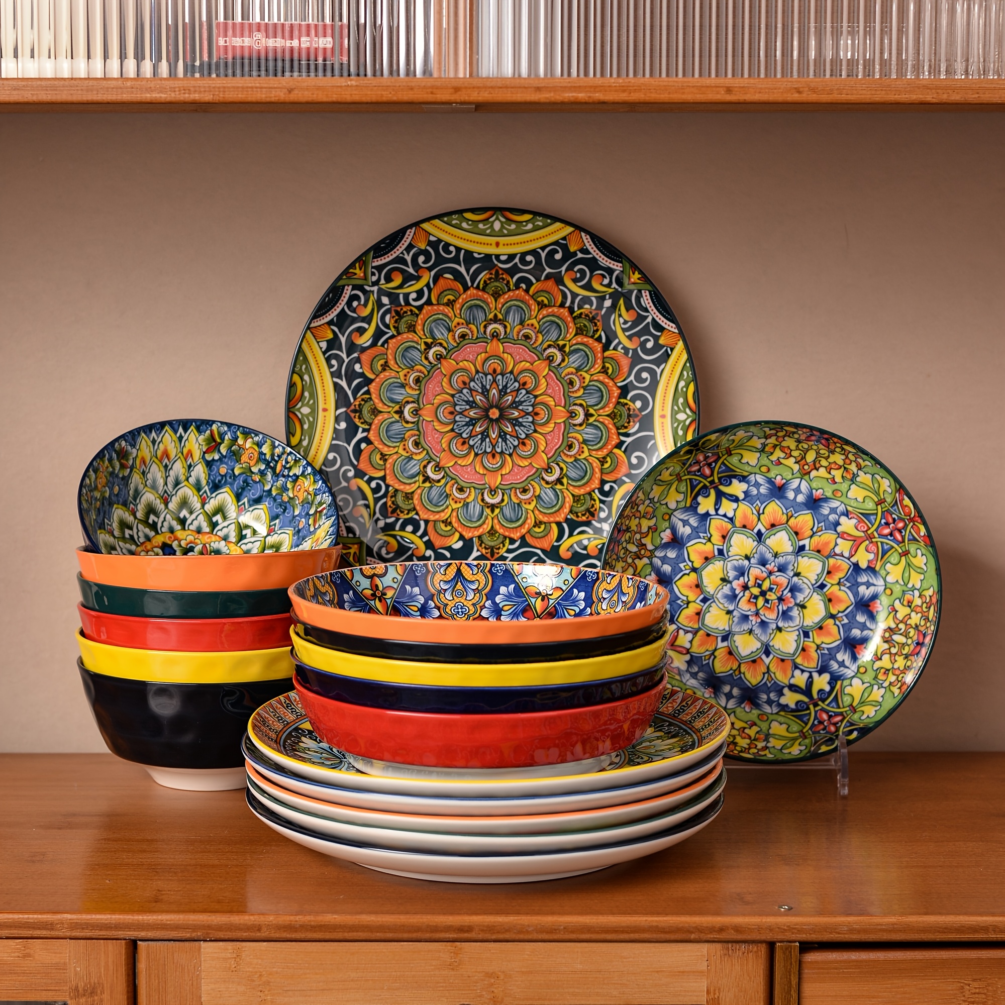 TEMU Dinnerware Sets (18pcs) Serves 6, Boho Plates And Bowls Dish Set With Dinner Plate Soup Plate And Bowl, Apply Indoor Outdoor Dining Party,