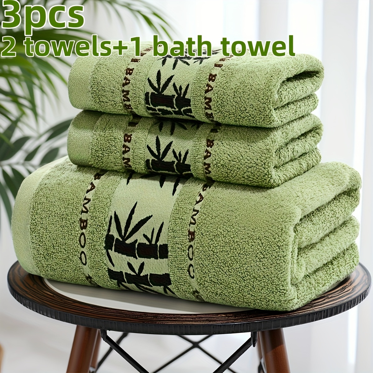 Image of 3pcs Bamboo Fiber Set Suitable For Families - Bath Towel & 2 Towels With Ink Bamboo Jacquard, Quick-dry, Soft, Durable Bamboo Fiber Suitable For Bath, Shower, Face Towels For Use